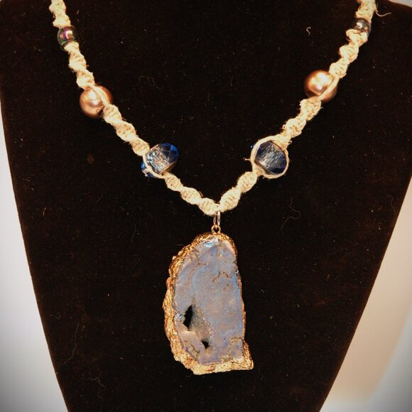 Unique Blue Metallic Stone on a 15 1/4" Handmade Brown Hemp Choker - Picture 2 of 4